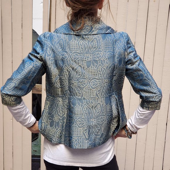 Vivienne Tam green and gold ¾ sleeve cropped swing - Picture 2 of 9